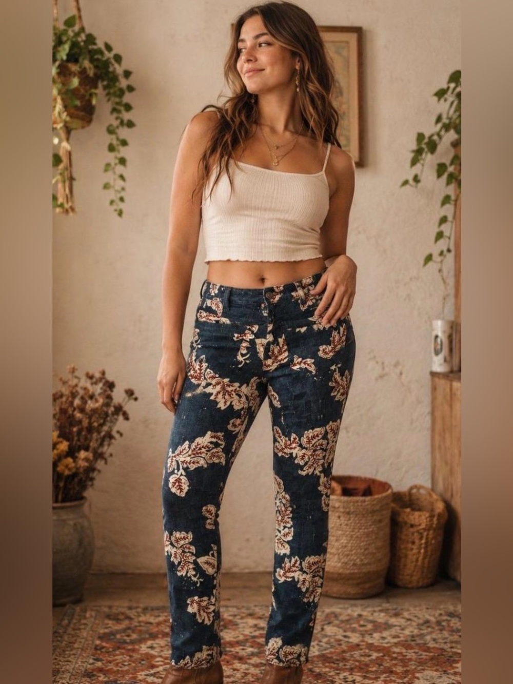 Free People Floral Print Navy Corduroy Slim Jeans Rare Boho Sz 29